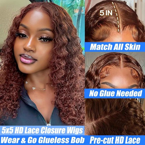 Wear and Go Bob Wig Human Hair Deep Wave Glueless Wigs Human Hair Pre Plucked Pre Cut Chocolate Brown 5x5 HD Lace Closure Curly Wigs for Black Women Lace Front Glueless Wigs Human Hair 14inch