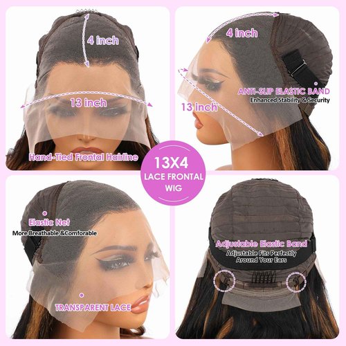 Vemalin Highlight Ombre Lace Front Wig Human Hair Body Wave Lace Front Wigs Human Hair Pre Plucked 13x4 1B/30 Brown Highlight Wig 200 Density Colored 26 Inch Balayage Wigs for Women