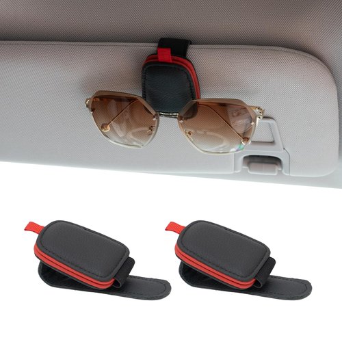Yuoyar Sunglass Holder for Car, Magnetic Leather Sunglasses Holder and Ticket Card Clip, Car Visor Accessories, 2 Packs (Black-red)