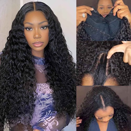 V Part Wig Human Hair Water Wave No Leave Out Upgrade U Part Wig for Black Women 180% Density Water Curly Glueless V Part Human Hair Wigs No Glue No Sew Clip In Half Wig Beginner Friendly (16 Inch)