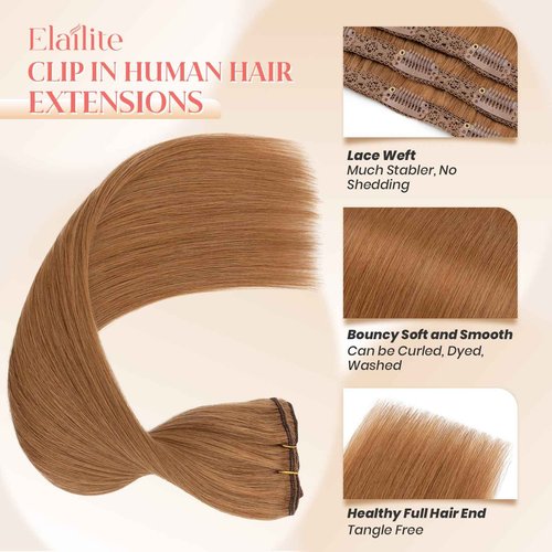 Elailite Clip in Hair Extensions Real Human Hair 3PCS Lace Weft Remy Hairpieces for Women 16 Inch 73g Light Auburn