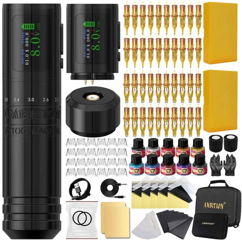 Ambition C1 Tattoo Kit, Cordless Complete Tattoo Gun Kit Pen Machine for Beginners, 7 Adjustable Strokes Rotary Tattoo Supply with Dual 1900 mAh Battery 40pcs Glory Cartridge Needles Set for Starter