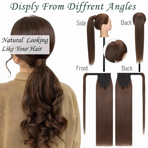 S-noilite Wrap Around Ponytail Extension Human Hair #4 Medium Brown Ponytail Extensions Real Remy Hair 22inch Long Straight Clip in Human Hair Ponytail 95Grams