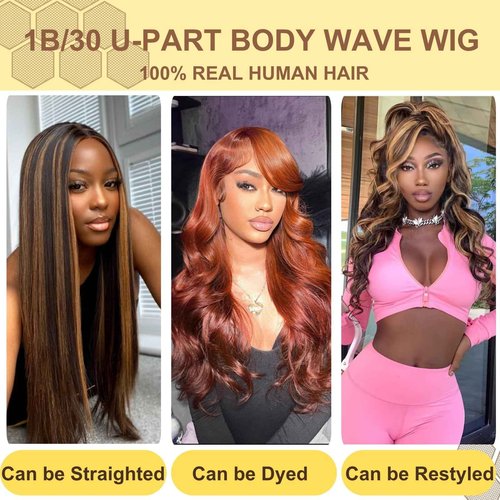 BYYASAA U Part Human Hair Wig Body Wave1B/30 U Part Wig Human Hair for Black Women Glueless Wigs Natural Hair Wig Beginner Friendly Middle Part 180% Density 20inch