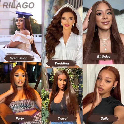 rilago 200 Density Brown Straight Lace Front Wigs Human Hair 20 Inch Chocolate Brown Human Hair Wig Straight 13x4 HD Transparent Lace Frontal Wigs Pre Plucked 4# Colored Wig