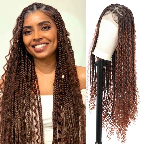 Olymei Boho Braided Wigs Triangle Knotless Braided Wigs for Women Full Double Lace Front Box Braid Wig with Baby Hair Premium Synthetic Braid Lace Front Wig 36" Brown