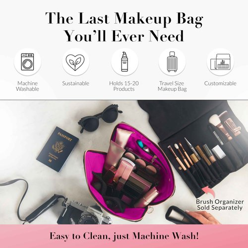 KUSSHI Washable Travel Makeup & Cosmetic Bag - Brush Organizer Sold Separately (Signature, Satin Black/Pink)