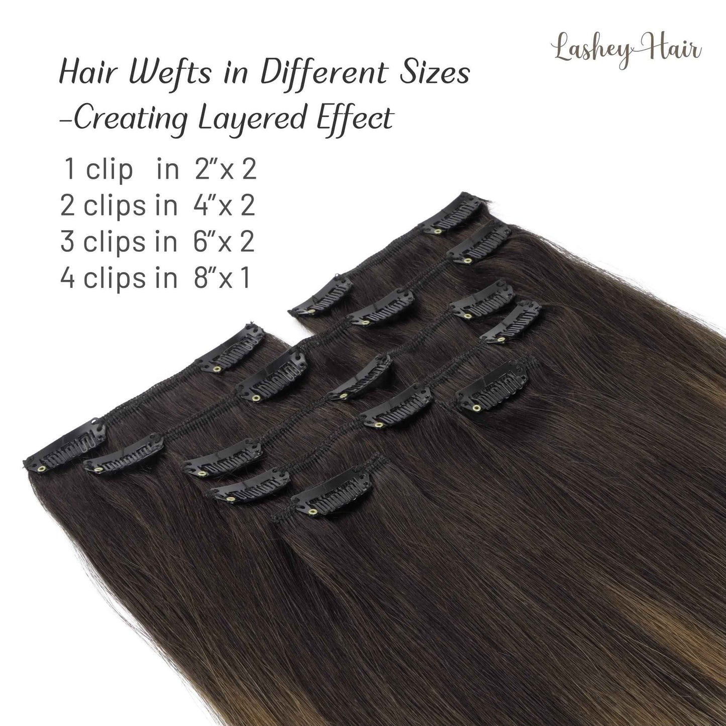 Lashey Clip in Hair Extensions - 22 inch Dark Brown to Chestnut Brown & Dirty Blonde Highlighted Real Human Hair - 120g 7pcs