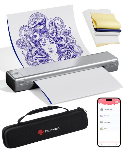 Phomemo Tattoo Stencil Printer with Case, Bluetooth Tattoo Machine with 10pcs Transfer Paper, Thermal Portable Printer for Artists & Beginners, Compatible with Phone & PC, Silver