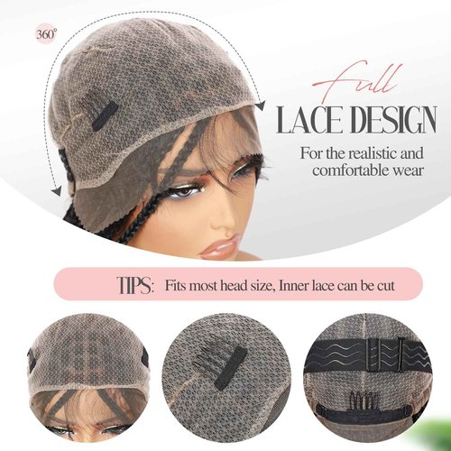 Fancy Hair Braided Wig Square Knotless Boho Box Braided Wigs with Curly Ends Full Double Lace Glueless Braids Wig with Baby Hair Synthetic Black Braided Wig for Black Women