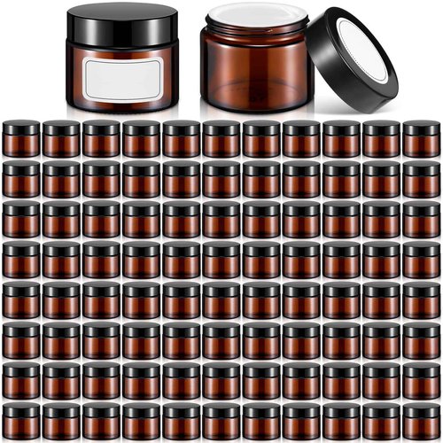 Layhit 90 Pcs 2 oz Glass Jars with Lids Bulk, Small Jars Containers Travel Storage Jar with Inner Liners Labels for Candle Scrubs, Lotions, Cream, Lip Balm (Amber,Black Lid)