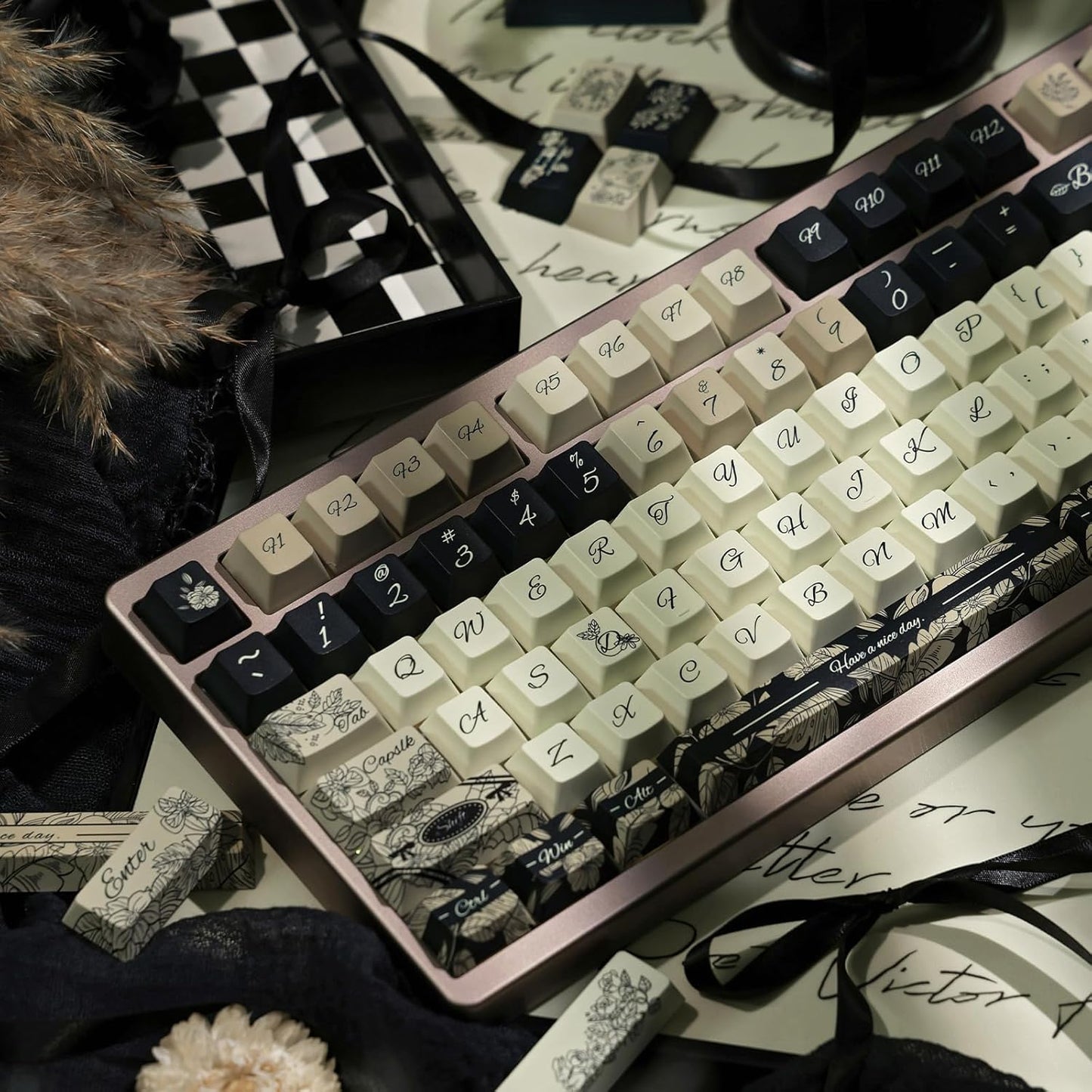 145 Keys PBT Keycap Cherry Profile, Light Blue White Black Bow Aesthetic Dye Sublimation Gaming Custom Keycaps for ANSI/ISO Layout Mechanical Keyboards