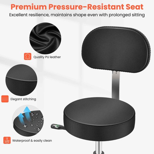 TASALON Professional Rolling Stool Chair, PU Leather Seat with Backrest,Height Adjustable, Swivel Metal Feet, Salon Spa Tattoo Massage Home Office Swivel Stool Chair Black