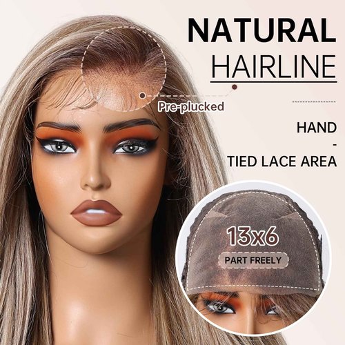 Allbell 13x6 HD Lace Wigs Honey Blonde Synthetic Lace Front Wig Preplucked Hairline with Baby Hair 28inch Long Body Wave Lace Wigs for Women(Brown with Blonde Highlights)