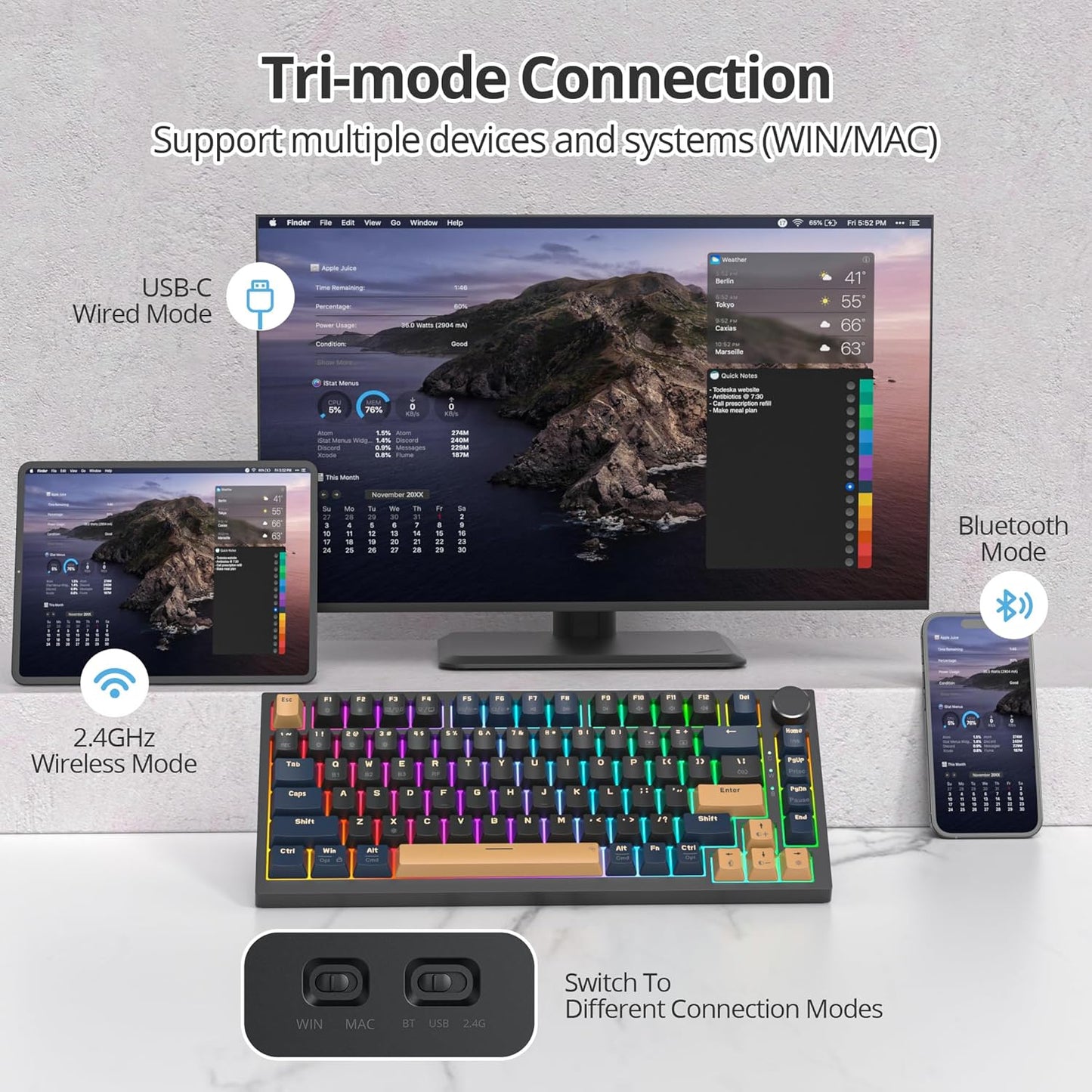 400PRO 75% Wireless Creamy Mechanical Keyboard Pink, Gasket Hot Swappable RGB Gaming Keyboard Bluetooth/2.4GHz/USB-C Cute Key Board with Pre-lubed Cream Grey Switches (82 Pink White)