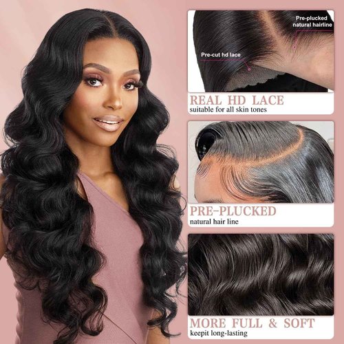 DSMOW 24 Inch 5x5 HD Lace Closure Wigs Human Hair Wear and Go Glueless Wigs Human Hair Pre Plucked Pre Cut for Beginners Body Wave Lace Front Wigs for Women 180% Density Natural Black
