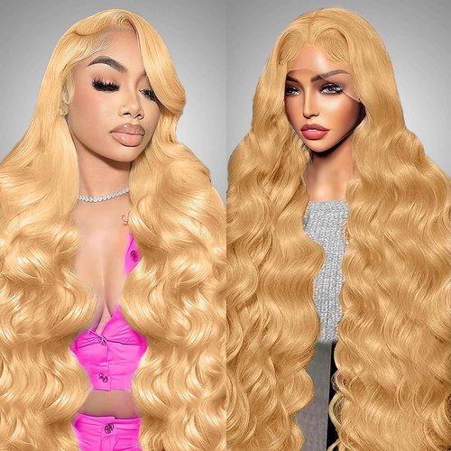 KERUISI 28 Inch Honey Blonde Wig Human Hair 200% Density 13x6 Body Wave Pre Plucked Glueless HD Transparent Lace Frontal Human Hair