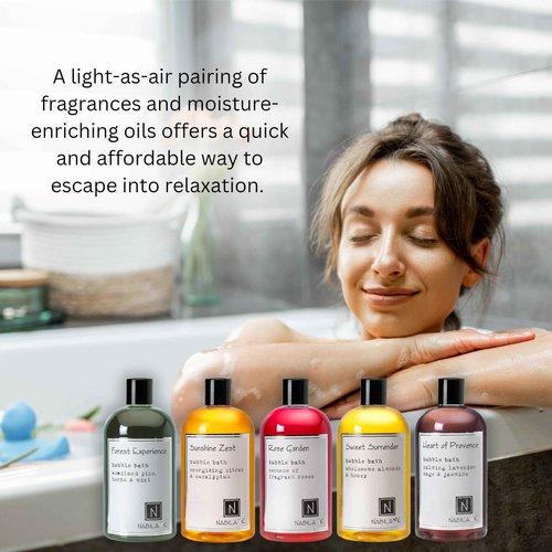 Assorted Bubble Bath Collection (Set of 5) by Nabila K - Forest Experience, Sunshine Zest, Rose Garden, Sweet Surrender, Heart of Provence - Essential Oils with Natural Ingredients - 8 oz