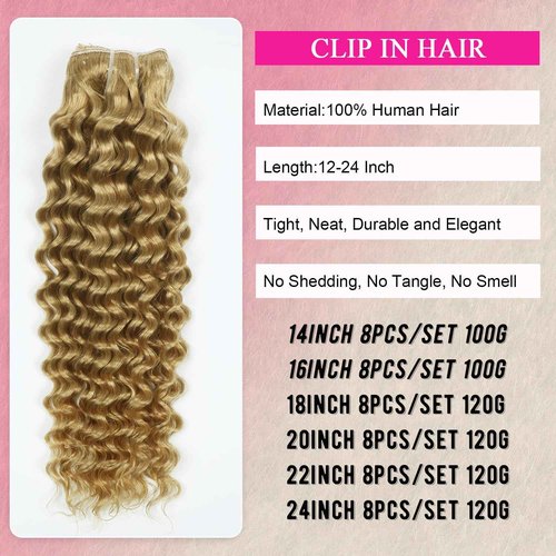 Blonde Clip in Hair Extensions Real Human Hair Deep Curly Glueless Extensions for Black Women 100g/3.5oz Remy Wear and Go 8pcs Double Wefts Invisible Seamless Clip ins Hair 16 inch Wet and Wavy