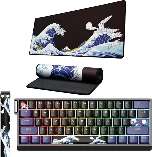 XVX H61 Wired Aluminum Gaming Keyboard and Japanese Sea Wave Large Mouse Pad