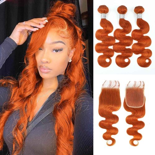 HERMOUS 12A Ginger Bundles With Closure Body Wave Human Hair, Soft And Shed-Free Colored #350 Copper Orange 3 Bundles Human Virgin Hair With 4x4 HD Lace Closure Pre Plucked 10 12 14+10 IN Wavy Weave