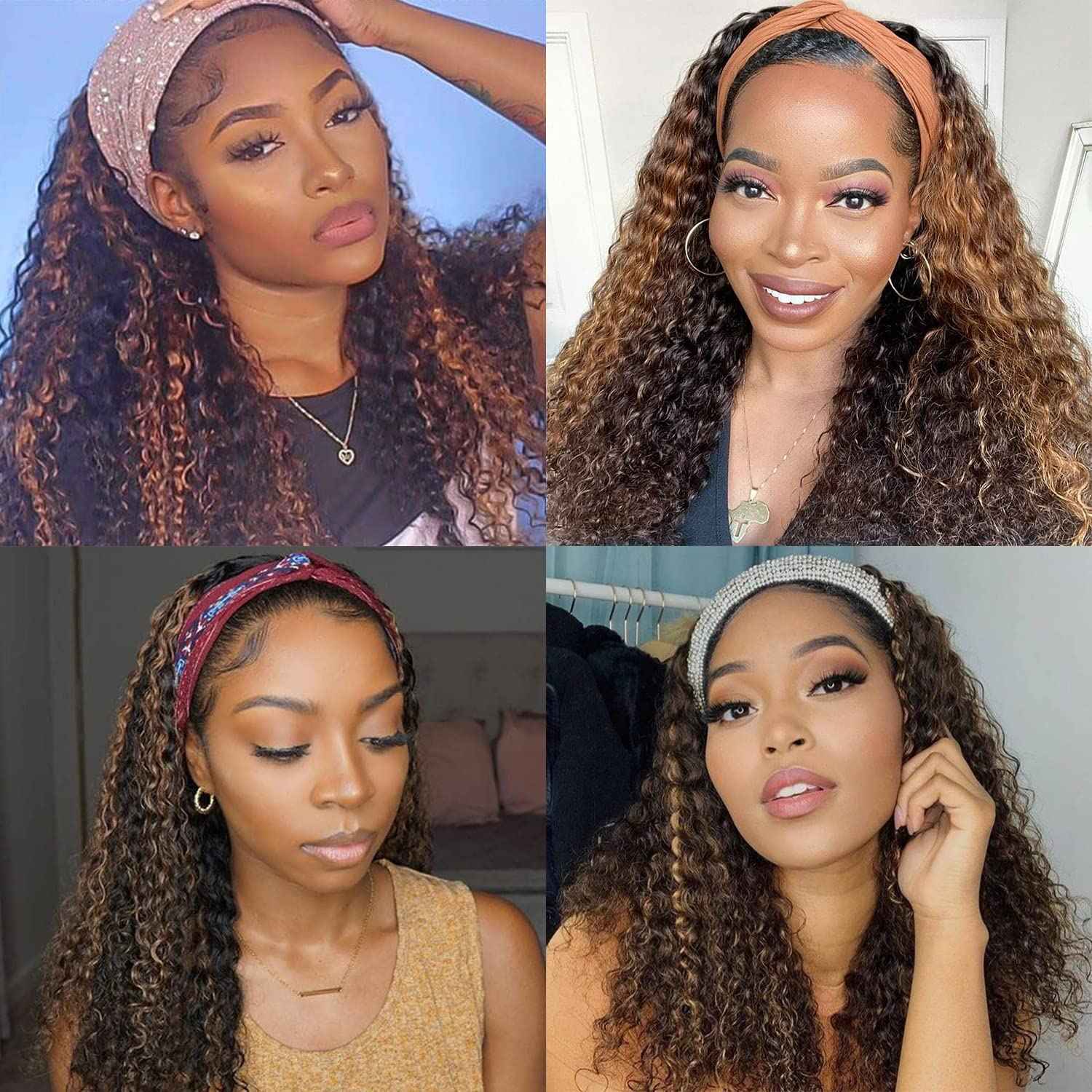 4/27 Highlight Ombre Blonde Headband Wig Human Hair Deep Wave Headband Wig Attached Half Wigs Deep Wave Curly Human Hair Headband Wig for Black Women 150% Density Human Hair Wigs 24 inch