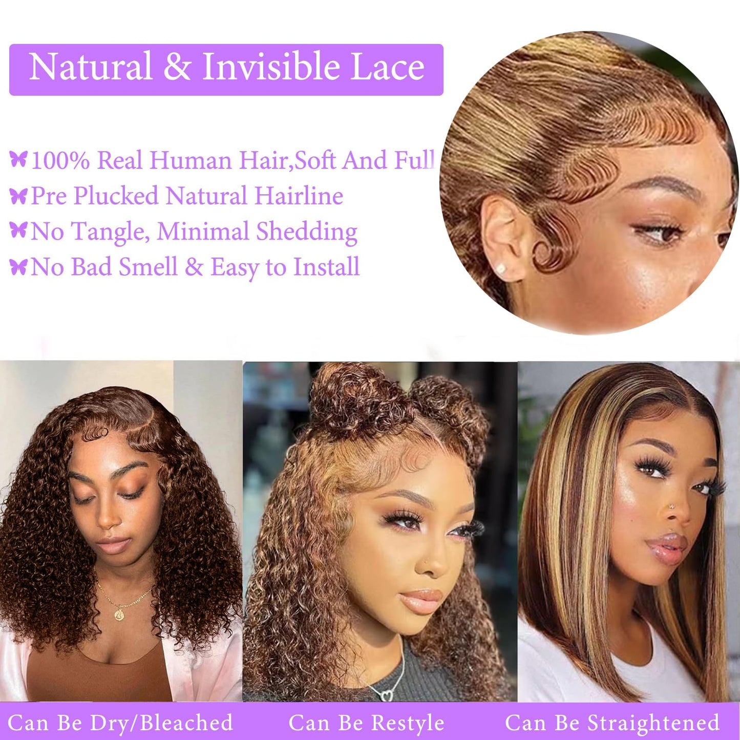 Punmasa 18 Inch Bob Wig Human Hair 13x6 Frontal Lace Wig 200% Density Highlight Ombre Lace Front Wigs Human Hair Pre Plucked Bob Wigs for Women 4/27 Curly Human Hair Wig