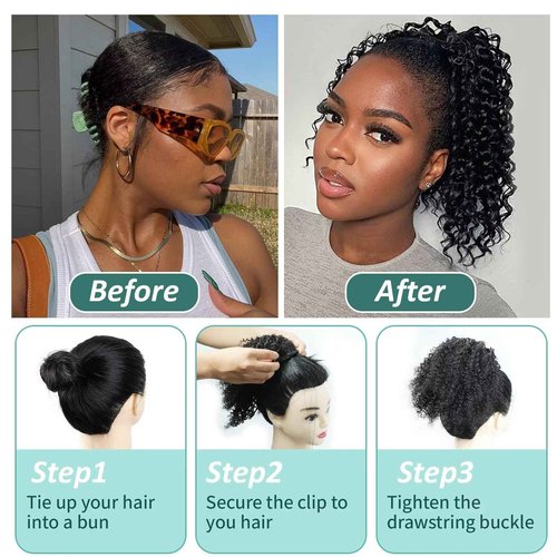 SPIKFN Ponytail Extension Human Hair Curly Ponytail Extension for Black Women Long Afro Puffs Hair Buns Drawstring Ponytail Human Hair (12 Inch #1B Natural Black)