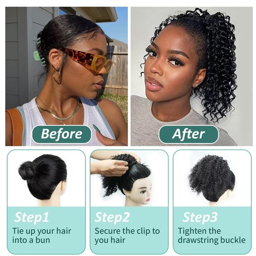 SPIKFN Ponytail Extension Human Hair Curly Ponytail Extension for Black Women Long Afro Puffs Hair Buns Drawstring Ponytail Human Hair (16 Inch #1B Natural Black)