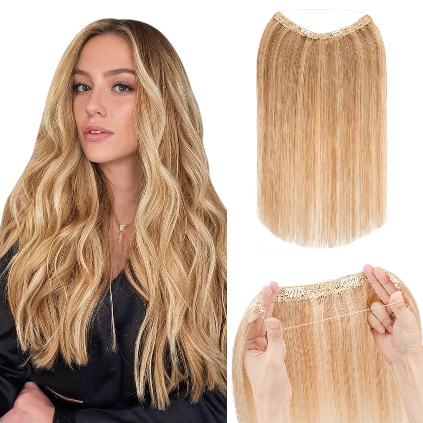 Hairro Wire Hair Extensions Human Hair, Fish Line Invisible Adjustable & Clips in Extensions Straight, 100% Real Hairpieces Seamless Blending for Women, 16 Inch 80g Golden Brown Mix Bleach Blonde