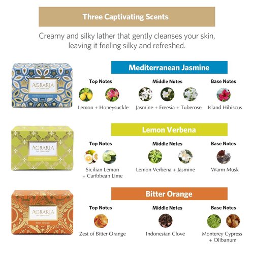 AGRARIA Luxury Bath Bar Soap Assorted Collection, Bitter Orange, Lemon Verbena, Mediterranean Jasmine Bar Soap for Men and Women, Skincare Gift Set