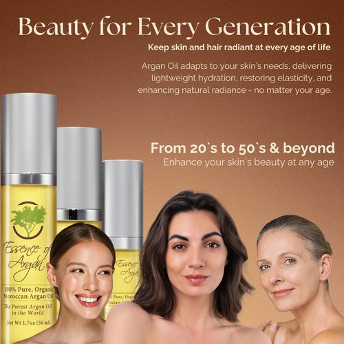Essence Of Argan Moroccan Argan Oil for Hair, Skin & Nails - Natural Eco-Certified Cold Pressed Oil for Skin Moisturization - Non-Greasy Formula for Hair and Nail Growth - 1.7 Oz /50ml