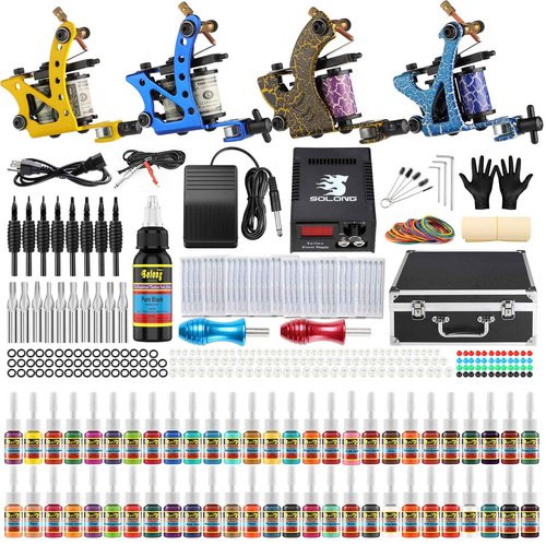 Solong Complete Tattoo Kit 4 Pro Machine Guns 54 Inks Power Supply Foot Pedal Needles Grips Tips Carry Case TK456-US
