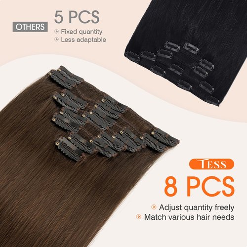 TESS Seamless Clip in Hair Extensions Human Hair Remy Clip ins Natural Soft Straight 8pcs 18Clips, 20 Inch, Dark Brown