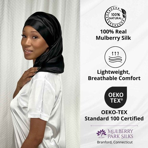 Reversible 100% Real Silk Long Hair Reversible Sleep Bonnet - Wide Band, Adjustable Tie, 22 Momme Mulberry Silk - Black
