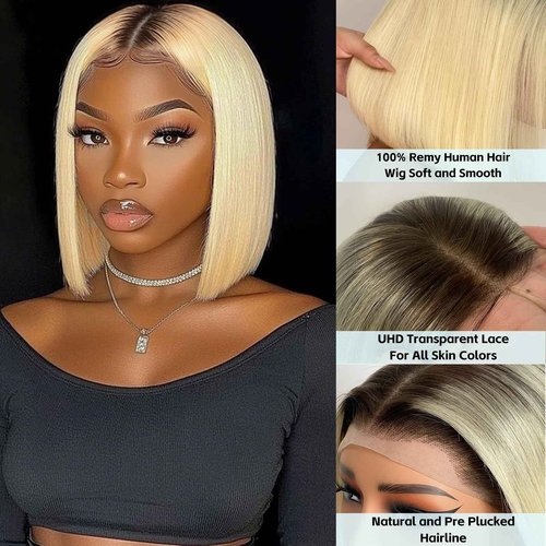 Msviki 13x4 Blonde Ombre Bob Wig with Dark Roots Brazilian Remy Human Hair Double Drawn 180% Density Short Straight Wig Preplucked UHD Transparent Lace Frontal Wigs for Women 12inches