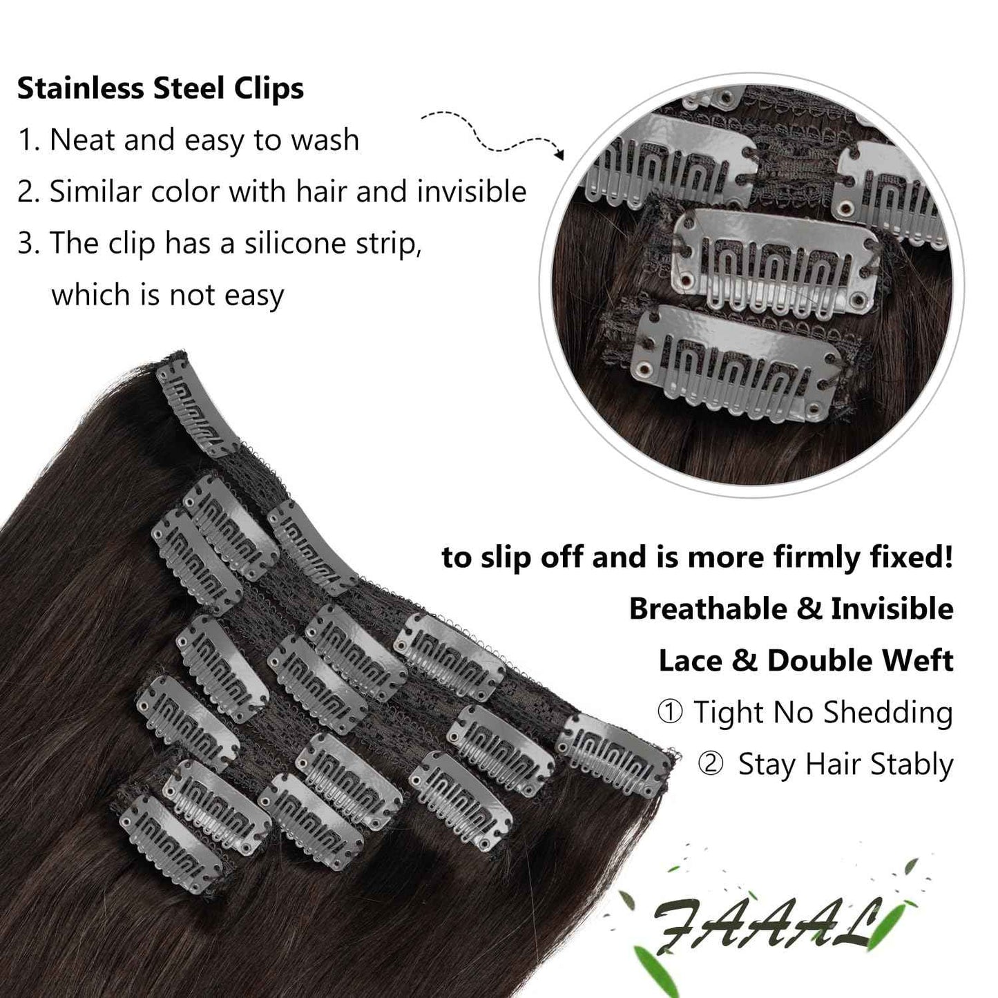 20" Clip in Human Hair Extensions Full Head 180g 7 Pieces 16 Clips 2# Dark Brown Double Weft Brazilian Real Remy Hair Extensions Thick Straight Silky (20" 180g, Dark Brown)