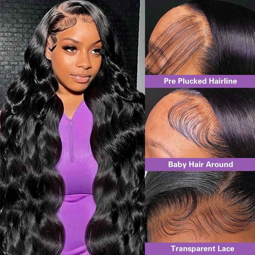 WPRWPR Body Wave Lace Front Wigs Human Hair Pre Plucked 180% Density 13x6 HD Transparent Frontal Wigs Human Hair for Women Natural Black Color 24 Inch