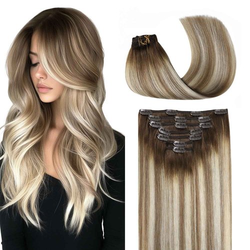 COOKAYU Clip in Hair Extensions Real Human Hair, 20inch 120g 7Pcs 3/8/22 Walnut Brown to Ash Brown and Blonde Hair Extensions Clip in Human Hair Thick Silky Straight Extensions