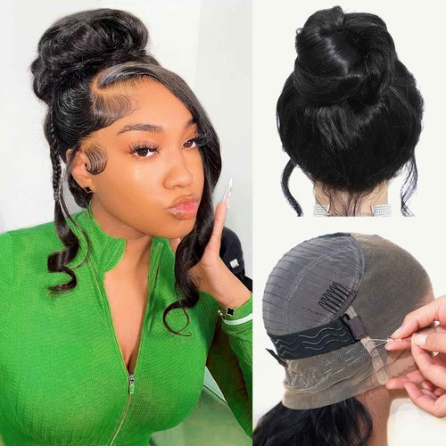 Beluck Hidden Strap Drawstring Wig 360 Lace Front Wigs Human Hair Pre Plucked Pre Cut, 200 Density Glueless Body Wave Frontal 360 Full Lace Human Hair Wigs, HD Lace Front Wigs 16 Inch