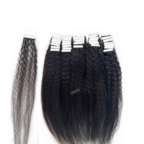 Tape in Hair Extensions Human Hair Kinky Straight 24Inch Natural Black Hair Extensions Real Human Hair Tape in Extensions for Black Women, 40 Pieces 100G Invisible Tape Hair Extensions for Short Hair