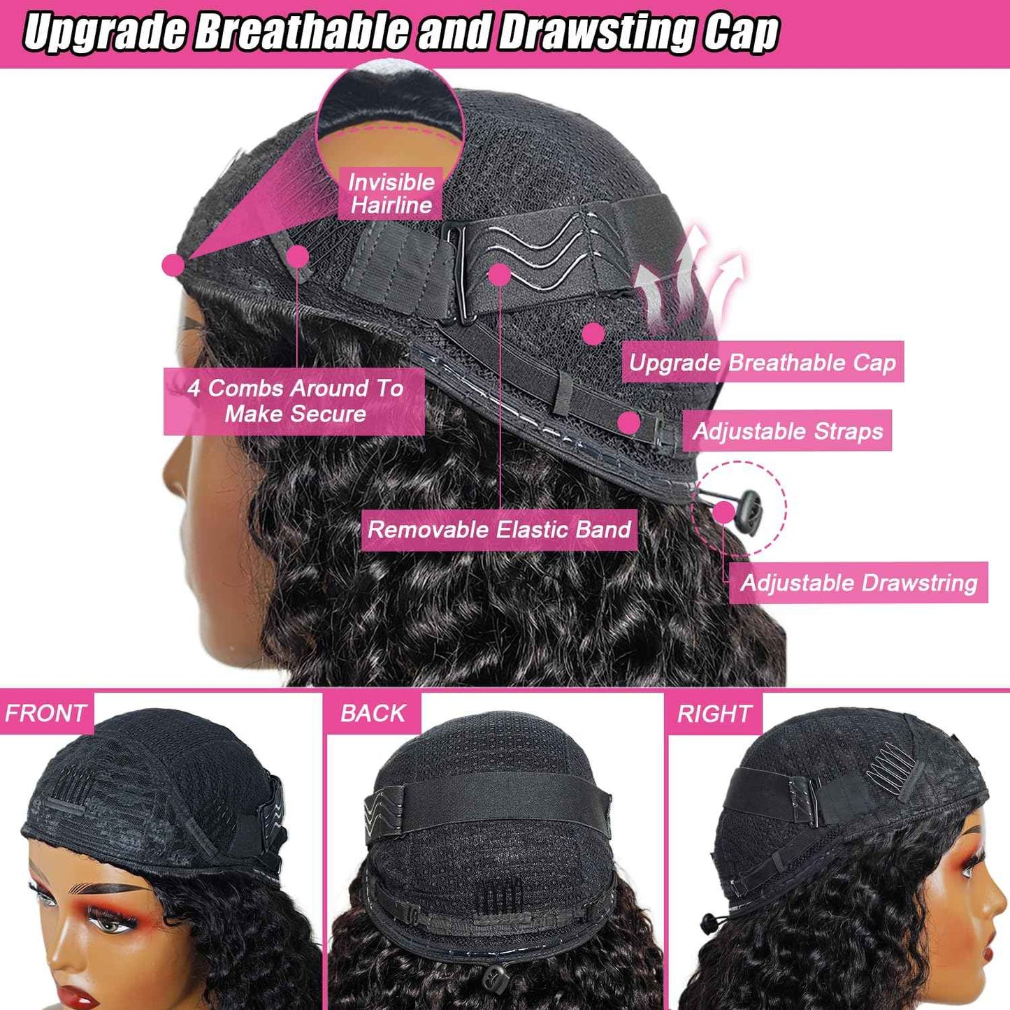 Half Wig Human Hair Deep Wave 200% Density Curly Half Wig Drawstring Seamless Flip Over 3 In 1 Half Wigs for Black Women Wear and Go Glueless Headband Wig Human Hair Beginner Friendly 16 Inch