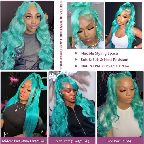 Ubetta Glueless Transparent 13x6 Lace Front Wigs Human Hair Pre Plucked 18 Inch Colored Aquea Blue Wig Human Hair 180% Density HD Straight Lace Front Wigs for Women