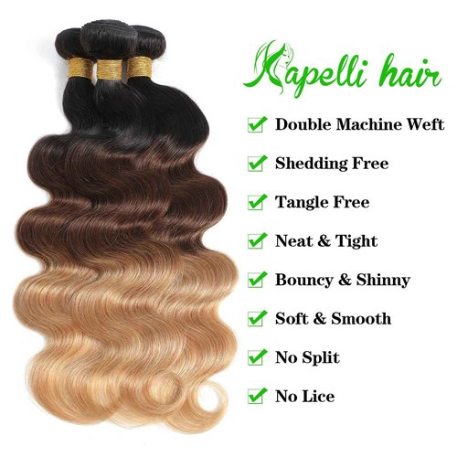 Brazilian Virgin Hair Body Wave Ombre Human Hair 3 Tone, 3 Bundles Ombre Brazilian Hair Extensions (T1B/4/27, 14" 16" 18")