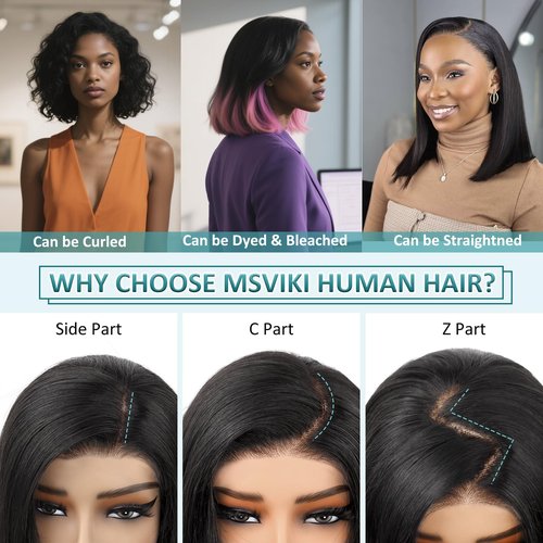Msviki Bob Wig Human Hair 12inch Straight Bob Wig 100% Brazilian Human Hair,13x4 HD Bob Lace Front Wigs Human Hair Natural Black Bob Wigs Human Hair Pre Cut 12A Double Drawn Bob Wig 220 Density