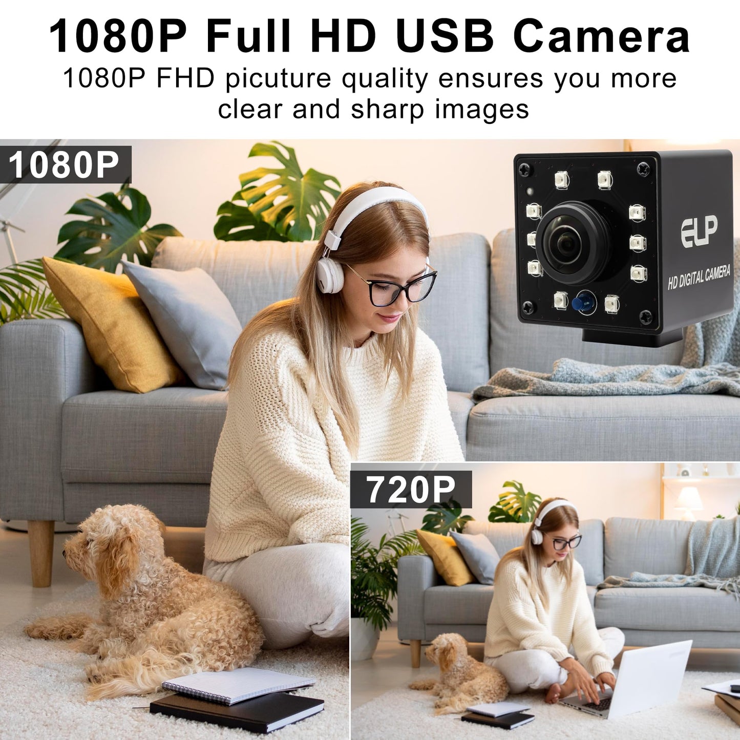 1080P HD High Speed USB Camera Day & Night Vision Webcam with IR LEDs for Park Monitor, 170° Wide Angle Fisheye Lens Camera with OV2710 Sensor, 30fps/60/120fps Plug & Play for Home Surveillance