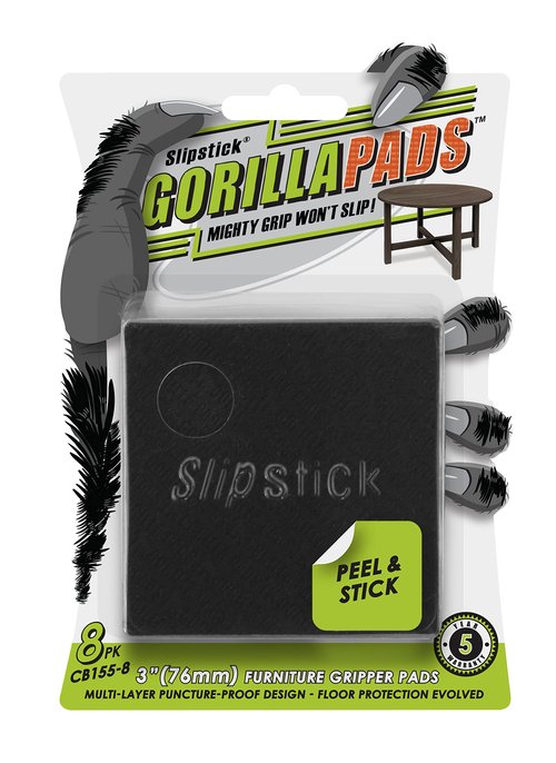 Slipstick GorillaPads Non Slip Furniture Pads/Gripper Feet Floor Protectors (Set of 8) Premium 3 Inch Square Self Adhesive Rubber Stoppers for Furniture Legs, Black, CB155-8