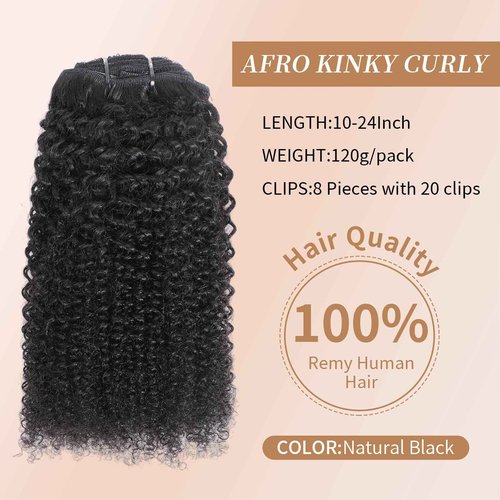 Afro Kinky Curly Clip Ins Human Hair 4C Hair Clip in Extensions Real Natural Human Hair for Black Women 8 pecs with 20 Clips 120g Natural Black Color 22 Inch