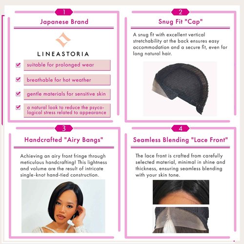 LINEASTORIA Exotic Bob Wig for Black Women - Snug Fit Cap, Handcrafted Airy Bangs, Seamless Lace Front, Asymmetrical, Rounded Nape, Glueless, Hypoallergenic, Heat Resistant (Natural Black)