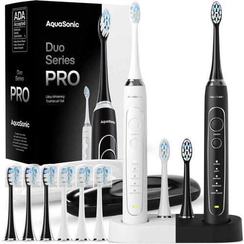 Aquasonic Duo Series PRO – Ultra-Whitening Electric Toothbrush Set – 5 Modes & Smart Timers – Premium Travel Cases & 10 Proflex Brush Heads – ADA Accepted Toothbrushes